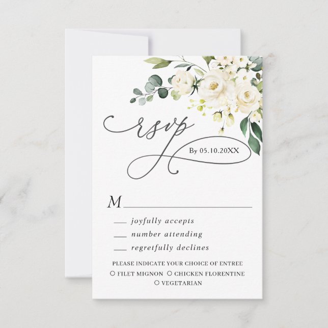 MEAL CHOICE Eucalyptus White Roses Floral Wedding RSVP Card (Front)