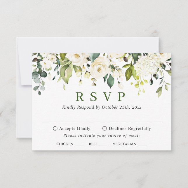 MEAL CHOICE Eucalyptus White Roses Floral Wedding RSVP Card (Front)