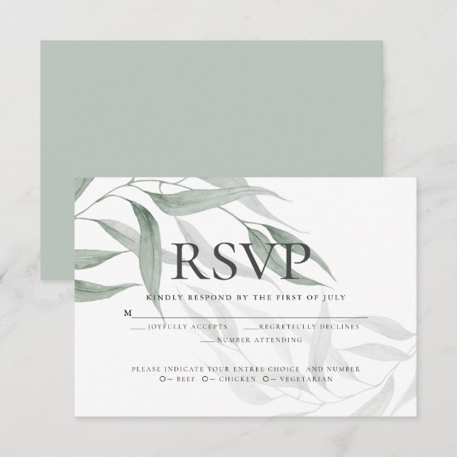 Meal Choice RSVP | Dusty Green Watercolor Leaves Invitation (Front/Back)