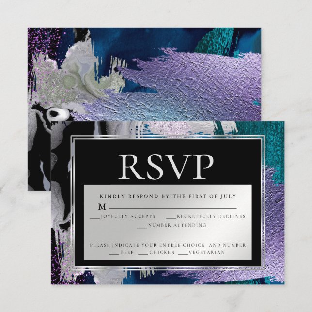 Meal Choice RSVP| Silver Aqua Lilac Paint Abstract Invitation (Front/Back)
