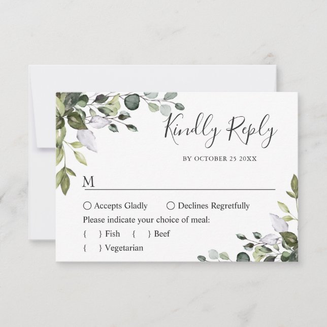 MEAL CHOICE Simple Elegant Eucalyptus Wedding RSVP Card (Front)