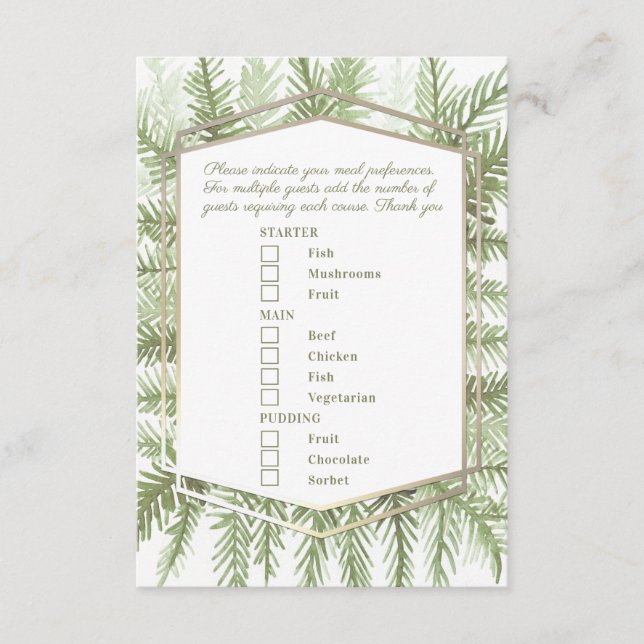 Meal choice winter event green evergreen art enclosure card (Front)
