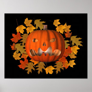 Mean Jack O Lantern And Autumn Leaves Halloween Poster