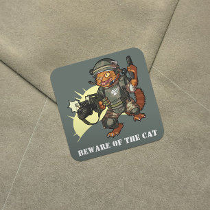 Mean Sci-fi Marine Ginger Cat Firing Gun Cartoon Square Sticker