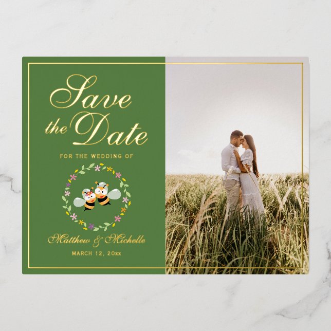 Meant To Bee Couple Wedding Picture Save The Date Foil Invitation Postcard (Front)