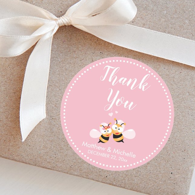 Meant To Bee Elegant Pink Cute Wedding Thank You Classic Round Sticker (Creator Uploaded)