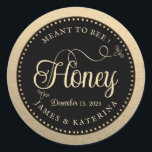 Meant to Bee Gold Black Wedding Honey Bee Label<br><div class="desc">Black and gold label that almost looks like kraft with two flying bees and the word "Honey" in cursive font. Write in your bride and groom's names and wedding date - the top of the label reads "meant to bee!"</div>