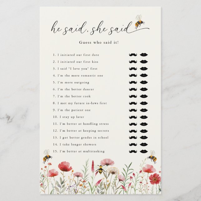 Meant To Bee He Said She Said Bridal Shower Game (Front)