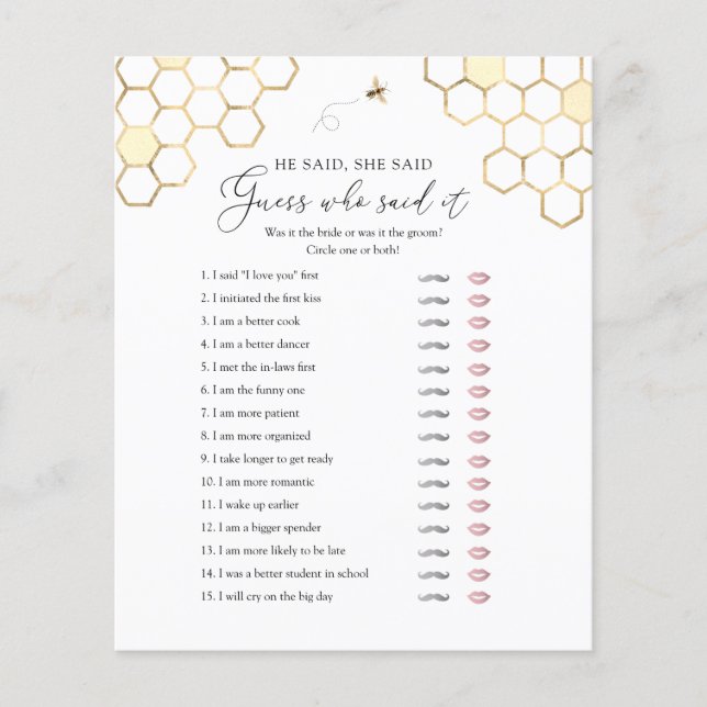 Meant to Bee He Said She Said Bridal Shower Game (Front)