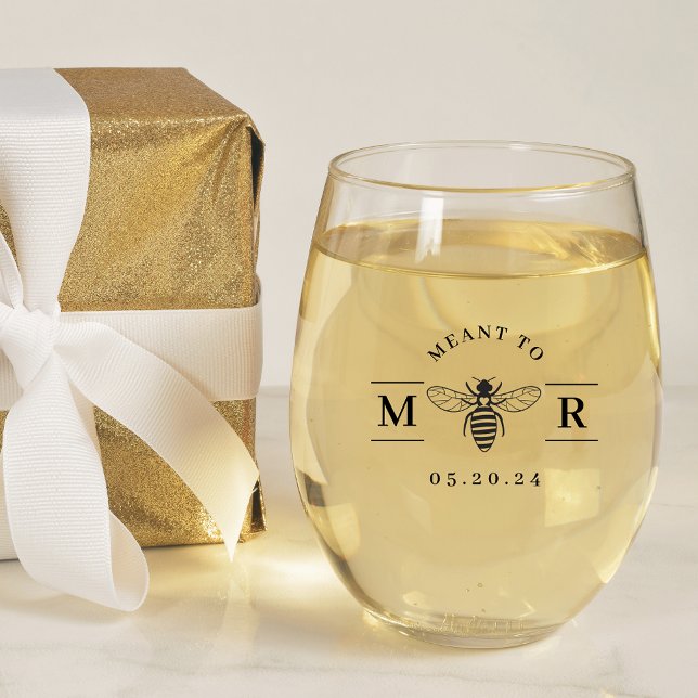 Meant to Bee Monogram Wedding Gift Stemless Wine Glass (Creator Uploaded)