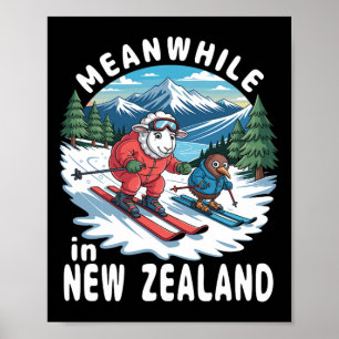Meanwhile In New Zealand Kiwi Sheep Skiing Winter Poster