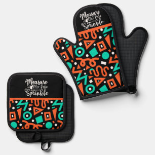 Measure Mix Bake Sprinkle Green Orange Black Oven Mitt & Pot Holder Set