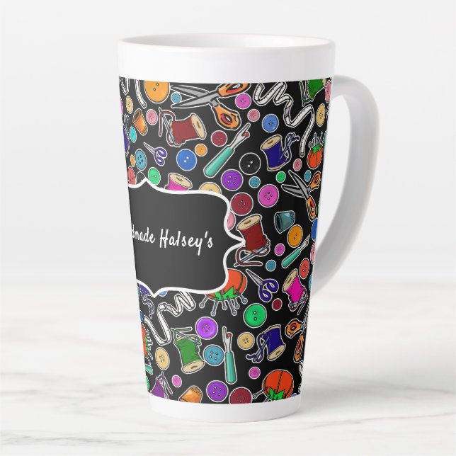 Measure Twice Cut Once Sewing Supplies on Black Latte Mug (Right Angle)