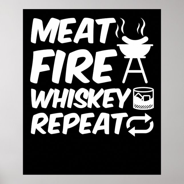 Meat Fire Whiskey Repeat | Funny Saying Meat BBQ Poster (Front)