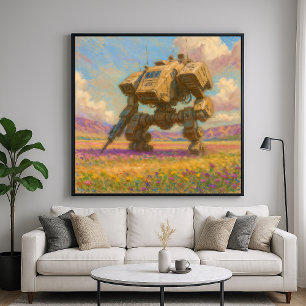 Mech in Meadow - Pastel Painting Style Art Poster