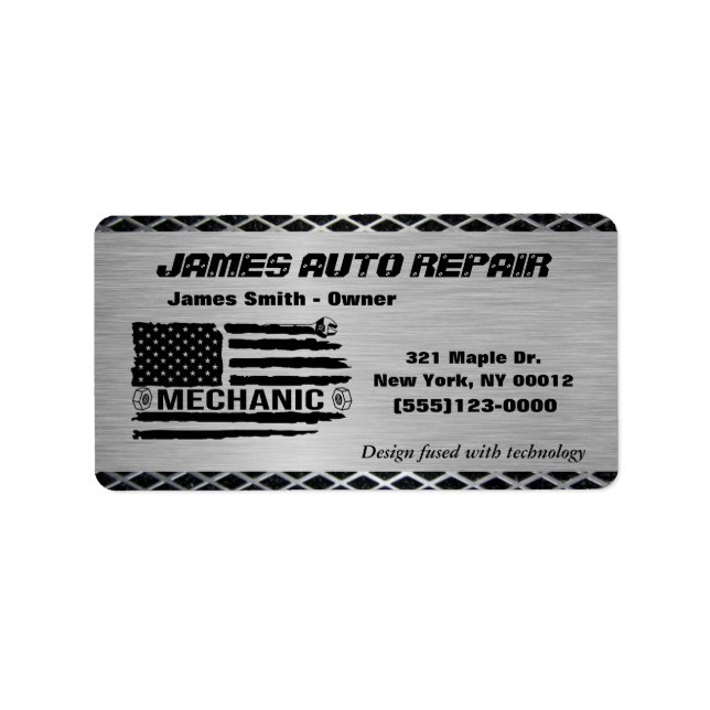 Mechanic American Flag Auto Repair Business Logo Label (Front)
