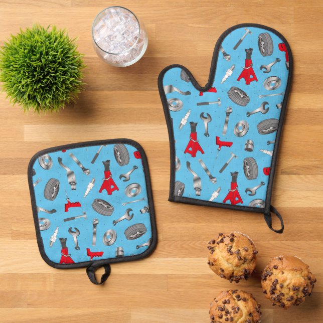 Mechanic Auto Technician Fun Colourful Oven Mitt & Pot Holder Set (Top Down)