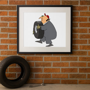 Mechanic Carrying A Tire Poster