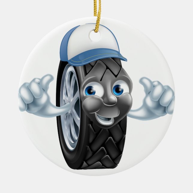 Mechanic cartoon tire giving thumbs up ceramic tree decoration (Front)