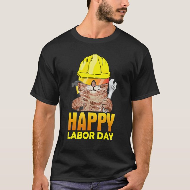 Mechanic Cat Happy Labour Day Patriotic Men Women  T-Shirt (Front)