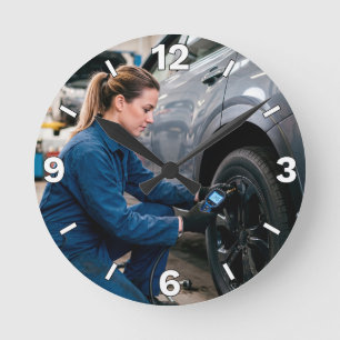 Mechanic Checking Tire Pressure Automotive Garage  Round Clock