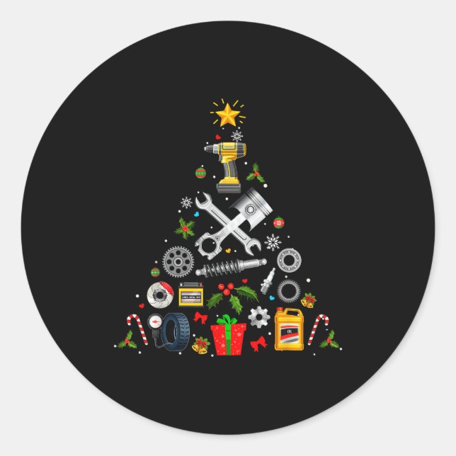 Mechanic Christmas Ornament Tree In Garage Car Mec Classic Round Sticker (Front)