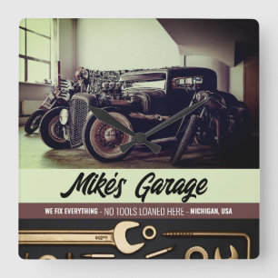 Mechanic Custom Car Motorcycle Garage Square Wall Clock