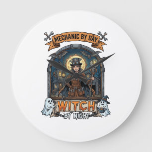 Mechanic Day Witch Night Halloween Steampunk Woman Large Clock
