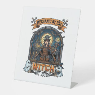 Mechanic Day Witch Night Halloween Steampunk Woman Pedestal Sign