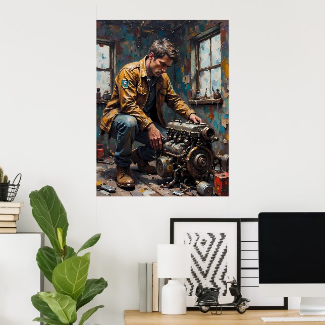 Mechanic Examining Engine Poster (Home Office)