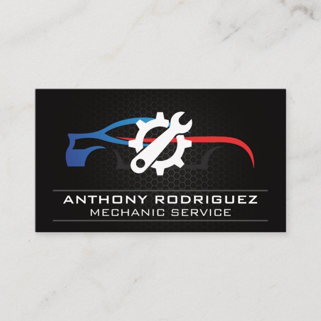 Mechanic Garage | Sports Car Wrench and Gear Business Card (Front)