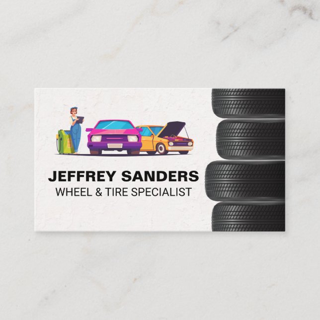 Mechanic Servicing Cars | Tires Stacked Business Card (Front)
