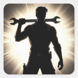 Mechanic Silhouette Wrench Over Shoulder Square Sticker