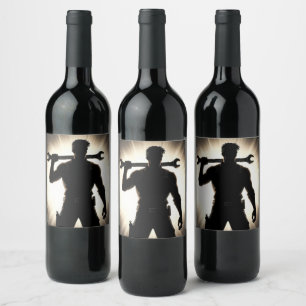 Mechanic Silhouette Wrench Over Shoulder Wine Label