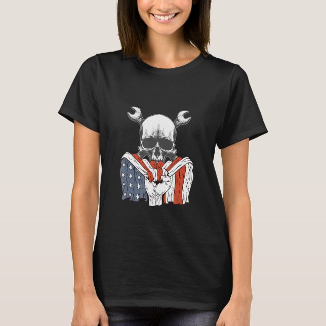 Mechanic skelet with American Flag T-Shirt (Front)