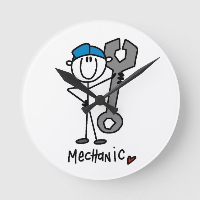 Mechanic With Wrench Stick Figure Round Clock (Front)