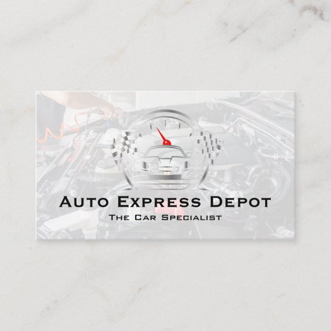 Mechanic Working on Engine | Auto Metal Logo Business Card (Front)