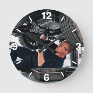 Mechanic Working Under Car Repair Shop Garage Deco Round Clock