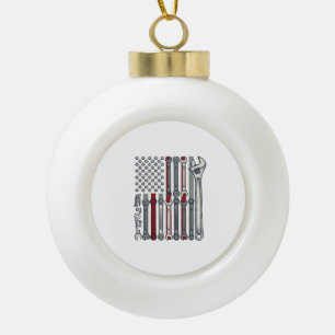 Mechanic Wrench Flag Vintage Engraving Vector Desi Ceramic Ball Christmas Ornament