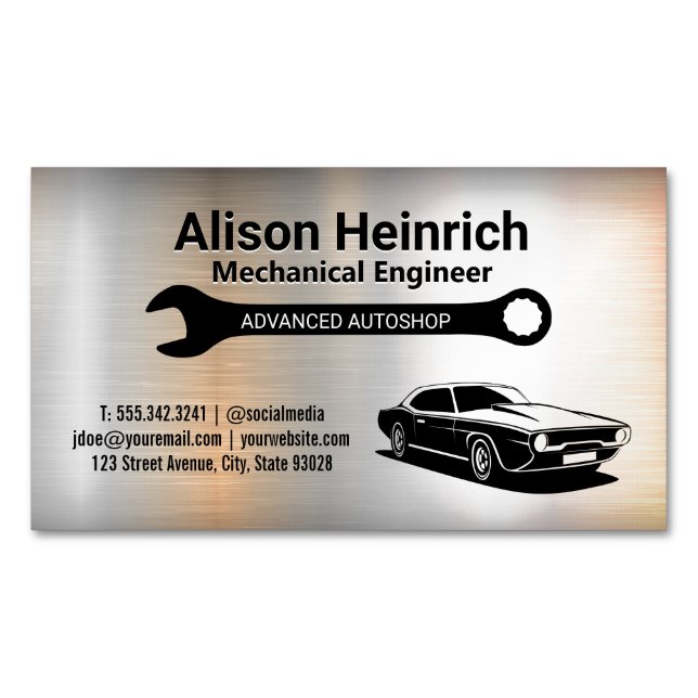 Mechanic Wrench | Muscle Car | Metallic Magnetic Business Card (Front)