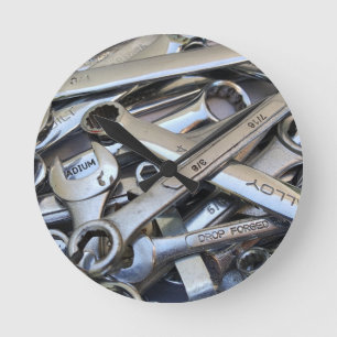 Mechanic Wrench Wrenches Man Cave Garage Repair Round Clock