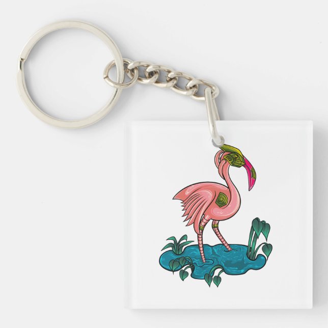 Mechanical Bird, Pink Flamingo Mecha Robot Key Ring (Front)