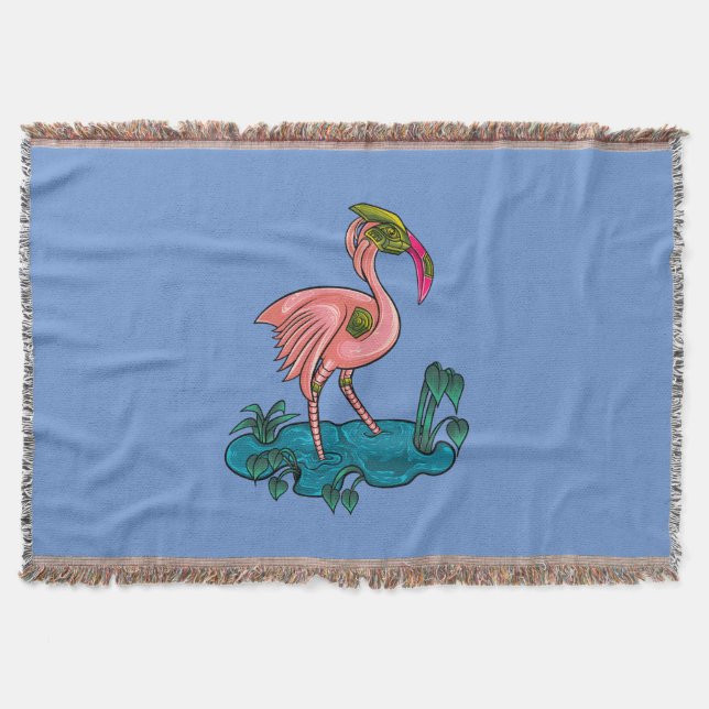 Mechanical Bird, Pink Flamingo Mecha Robot Throw Blanket (Front)