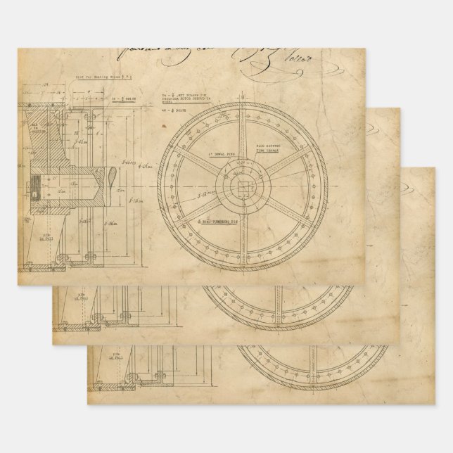 Mechanical Circular Schematics on Tan Wrapping Paper Sheet (Set)
