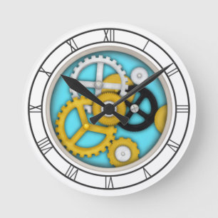 Mechanical Clockwork Illusion Trompe L'oeil Aqua Round Clock
