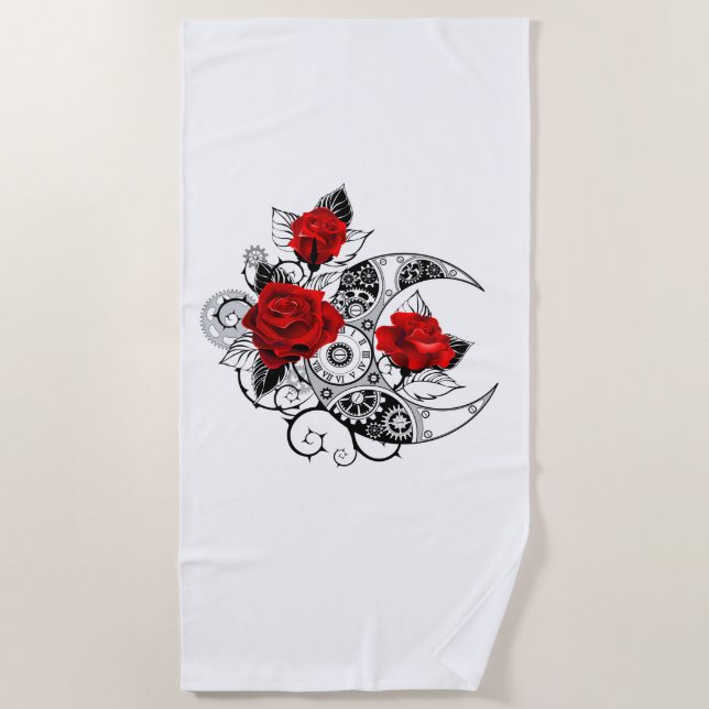 Mechanical Crescent with Red Roses Beach Towel (Front)
