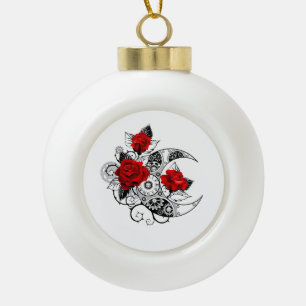 Mechanical Crescent with Red Roses Ceramic Ball Christmas Ornament