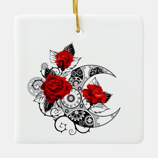 Mechanical Crescent with Red Roses Ceramic Ornament (Front)