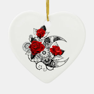 Mechanical Crescent with Red Roses Ceramic Tree Decoration