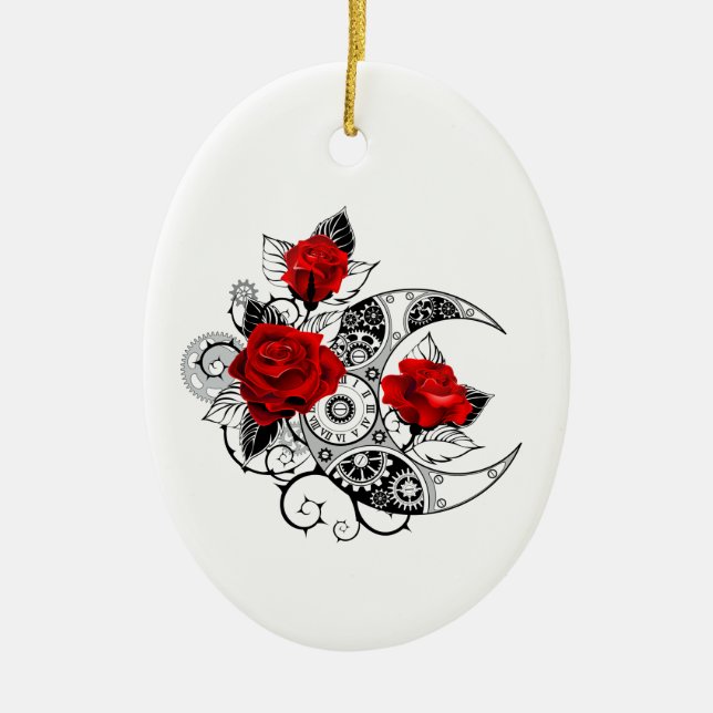 Mechanical Crescent with Red Roses Ceramic Tree Decoration (Front)
